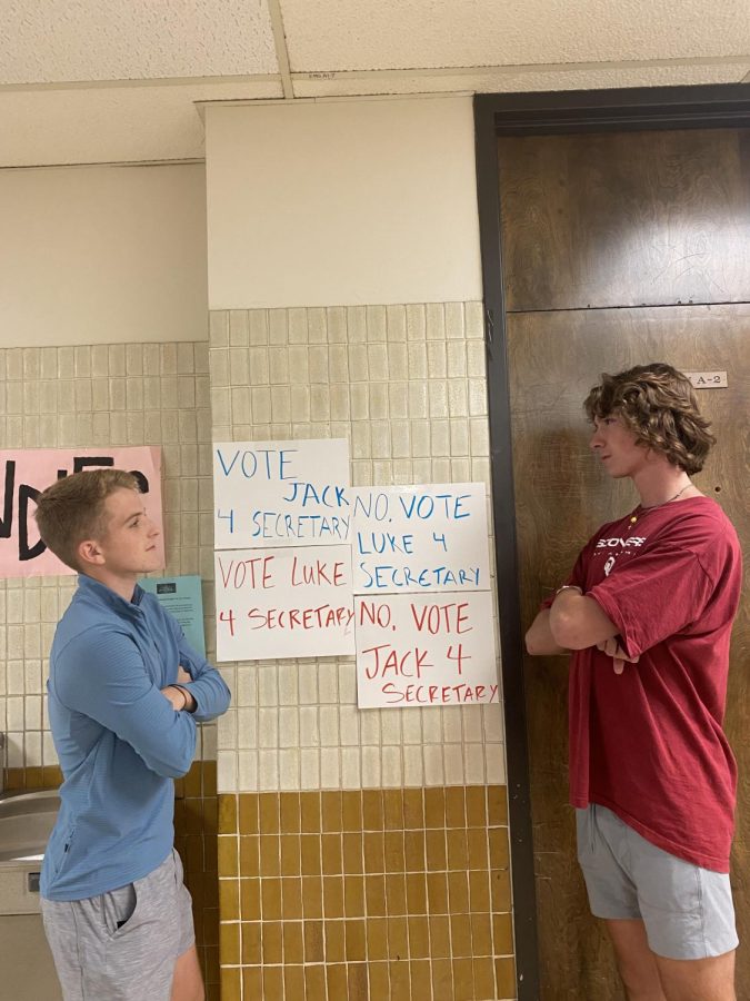 Jack Liles and Luke Moore stand face to face as they run against each other for senior class secretary.