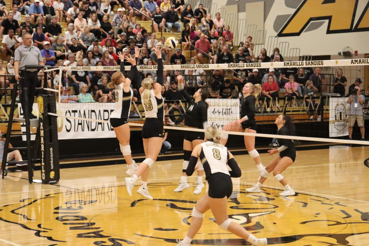 The Lady Sandies meet the Lady Raiders at the net. 